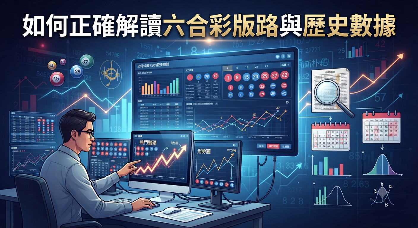 這張圖片展示了一位分析師正在電腦前解讀六合彩的歷史數據與版路。 畫面中充滿了圖表、數據趨勢以及標題「如何正確解讀六合彩版路與歷史數據」。